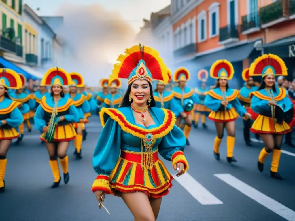 Desfile vibrante durante el Carnaval Uruguayo, lleno de color y alegría