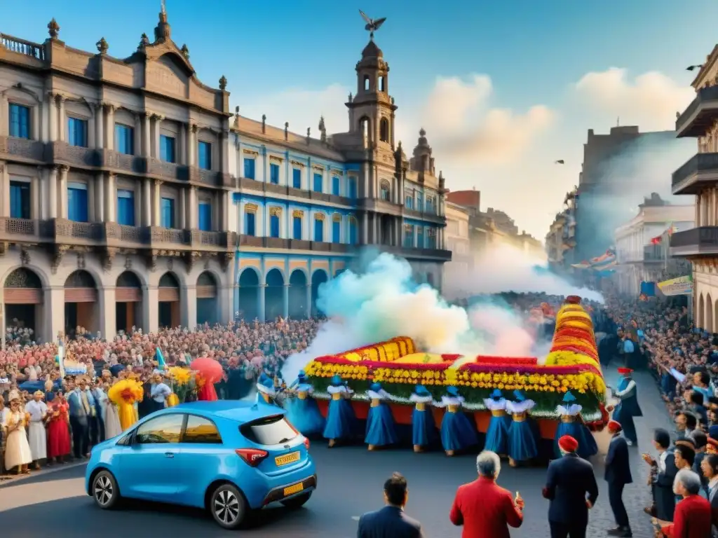 Desfile vibrante en Carnaval Uruguayo con carrozas y danzas coloridas