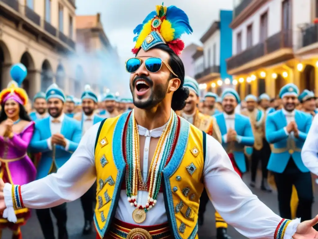 Desfile vibrante en Carnaval Uruguayo con música, danzas y coloridos carros alegóricos