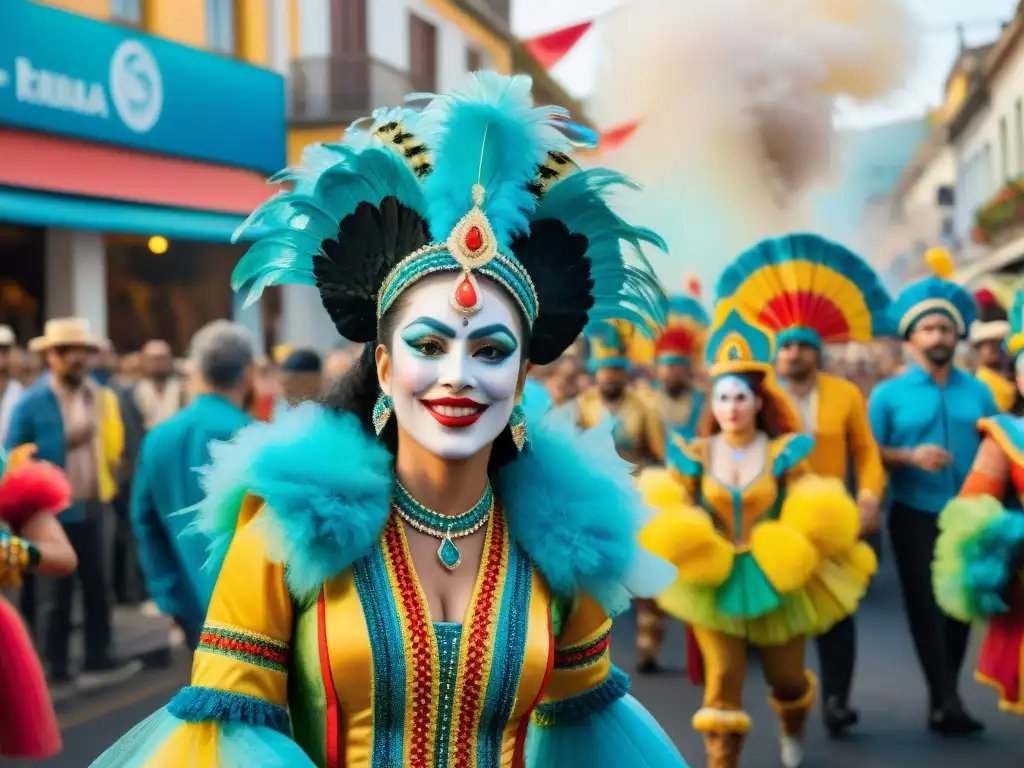 Desfile vibrante en Carnaval Uruguayo con bailarines y músicos, flotando entre colores y alegría