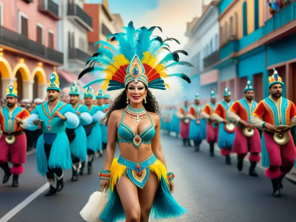 Desfile vibrante del Carnaval Uruguayo: bailarines con trajes y accesorios coloridos en movimiento