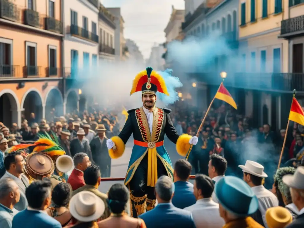 Desfile vibrante del Carnaval Uruguayo con carrozas y bailarines en trajes extravagantes