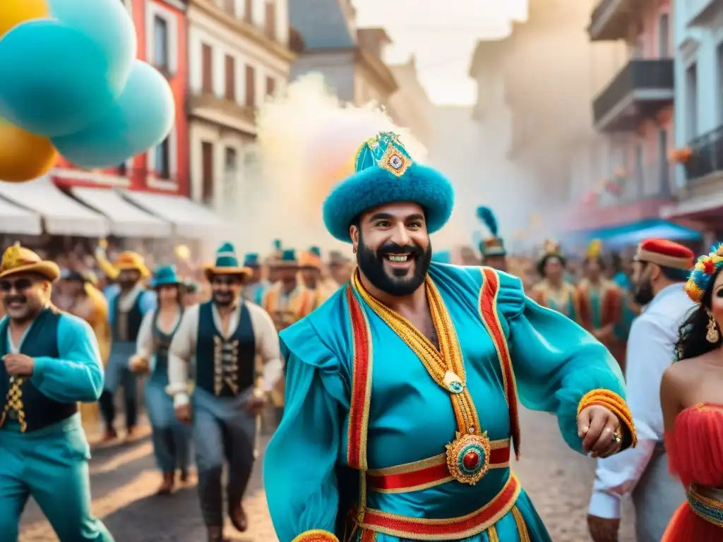 Desfile vibrante en el Carnaval Uruguayo, con carrozas detalladas y artistas en trajes coloridos bailando al ritmo de la música tradicional