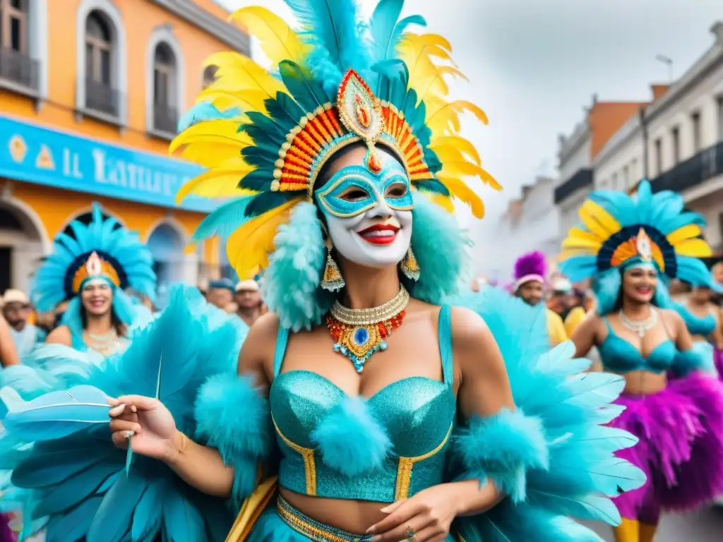 Un desfile vibrante del Carnaval Uruguayo, con trajes coloridos y música alegre