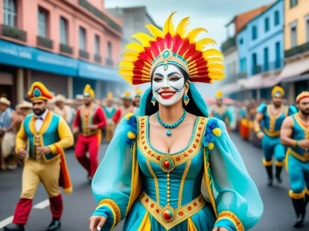 Desfile vibrante del Carnaval Uruguayo con trajes detallados y coloridos, carros alegóricos y músicos entusiastas