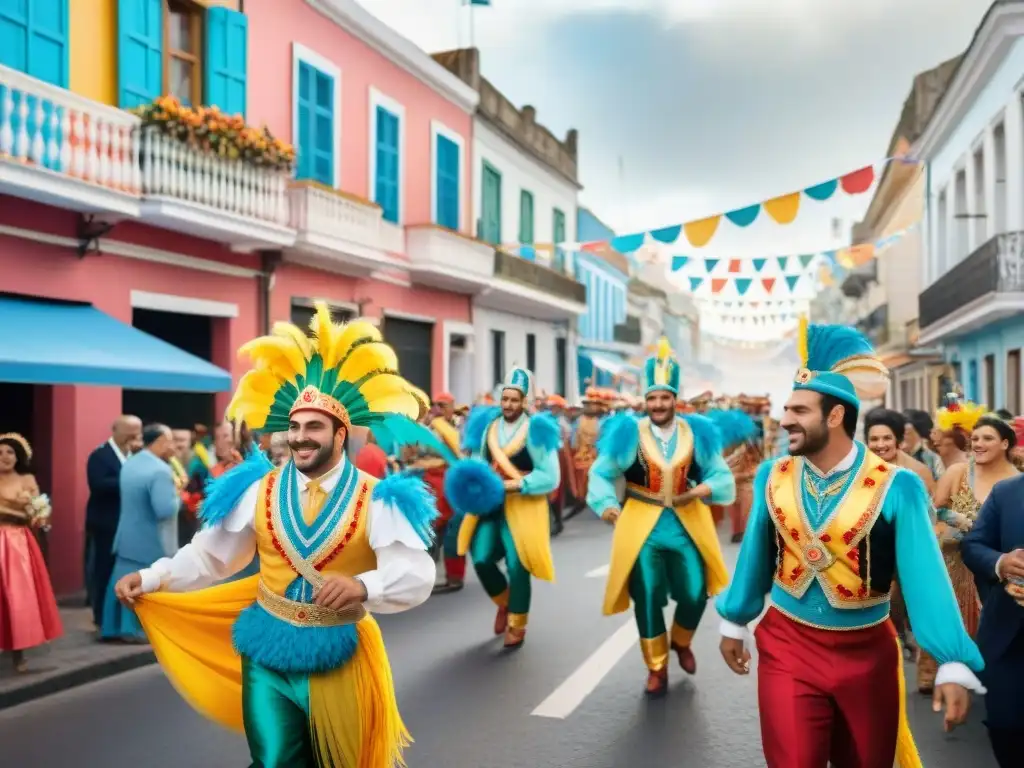 Desfile vibrante en el Carnaval Uruguayo con trajes extravagantes y música alegre