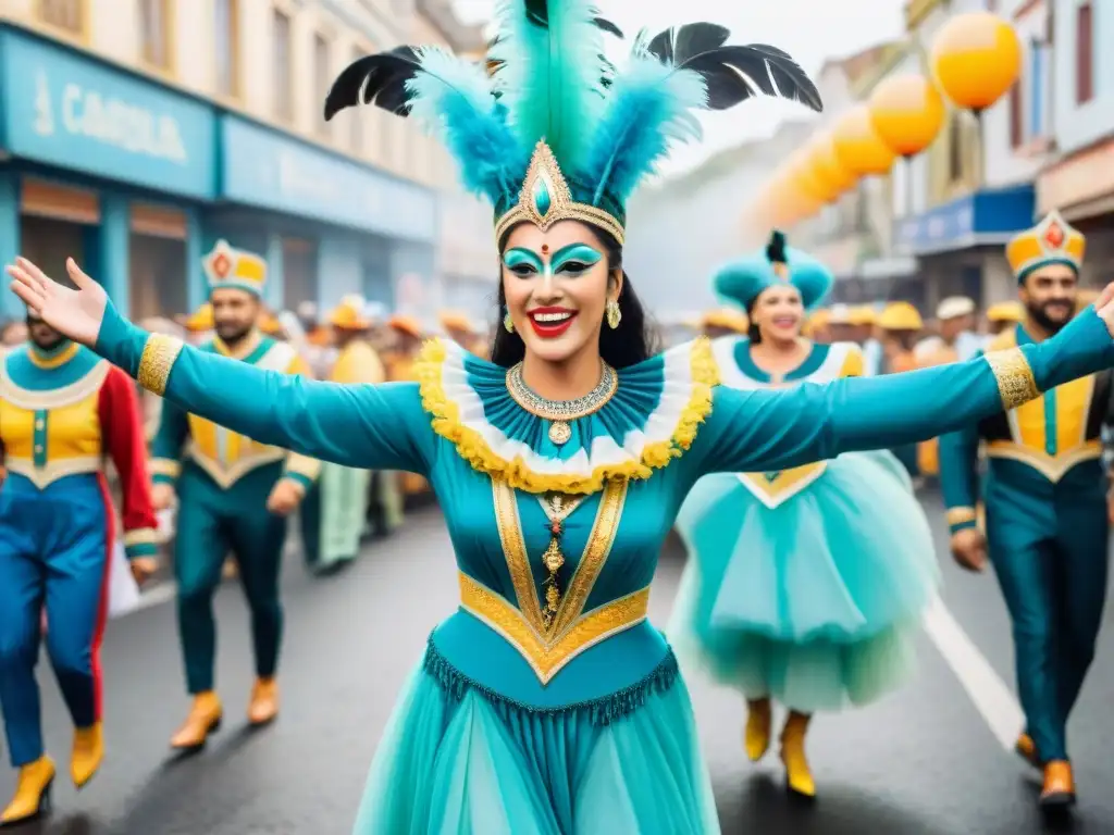 Desfile vibrante en Carnaval Uruguayo con vestuarios de materiales reciclados