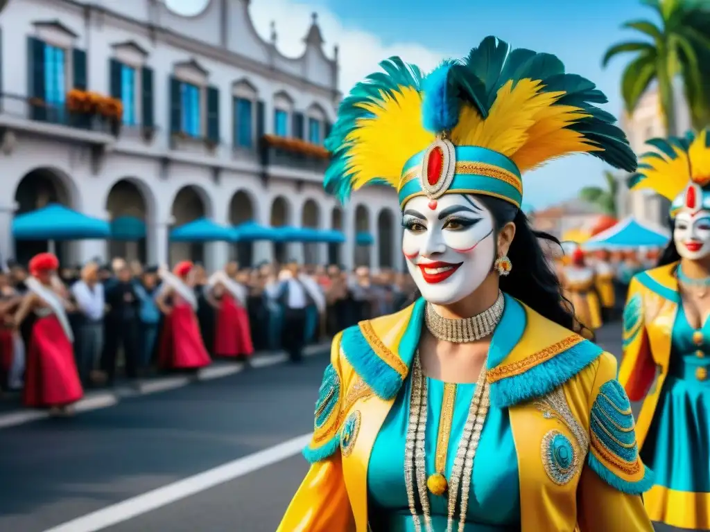 Desfile vibrante en Carnaval Uruguayo con coloridos carros alegóricos, bailarines y espectadores