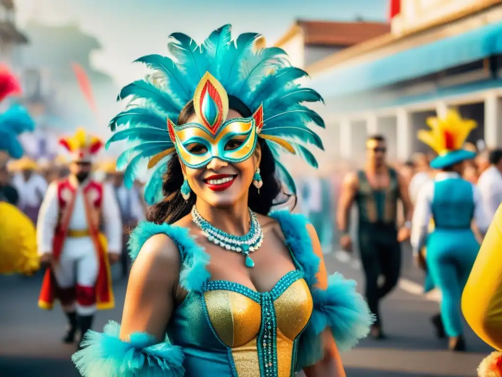 Desfile vibrante de Carnaval Uruguayo con bailarines y carrozas