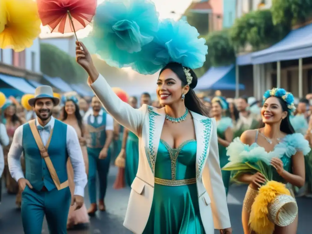 Desfile vibrante del Carnaval Uruguayo con floats ecoamigables y bailarines en trajes tradicionales, creando una celebración ecoeficiente