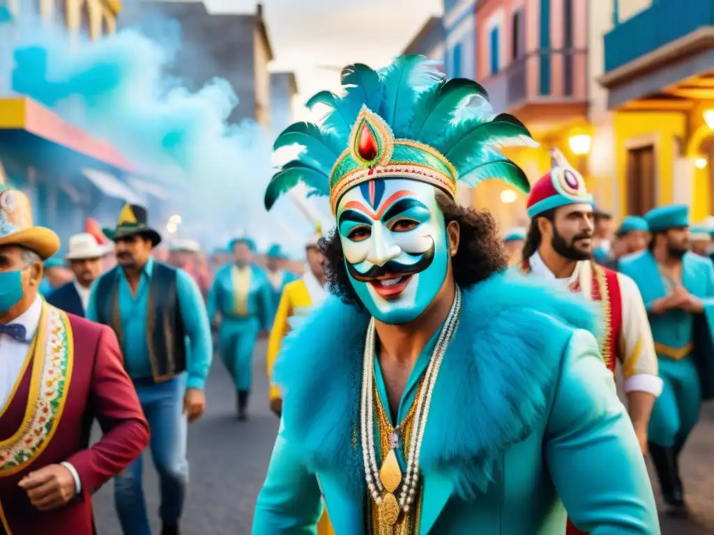 Desfile vibrante del Carnaval Uruguayo con carrozas y bailarines coloridos