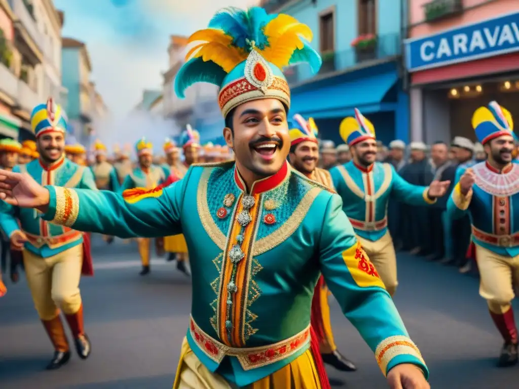 Desfile vibrante en el Carnaval Uruguayo con patrocinio en la carroza y personajes alegres en trajes tradicionales