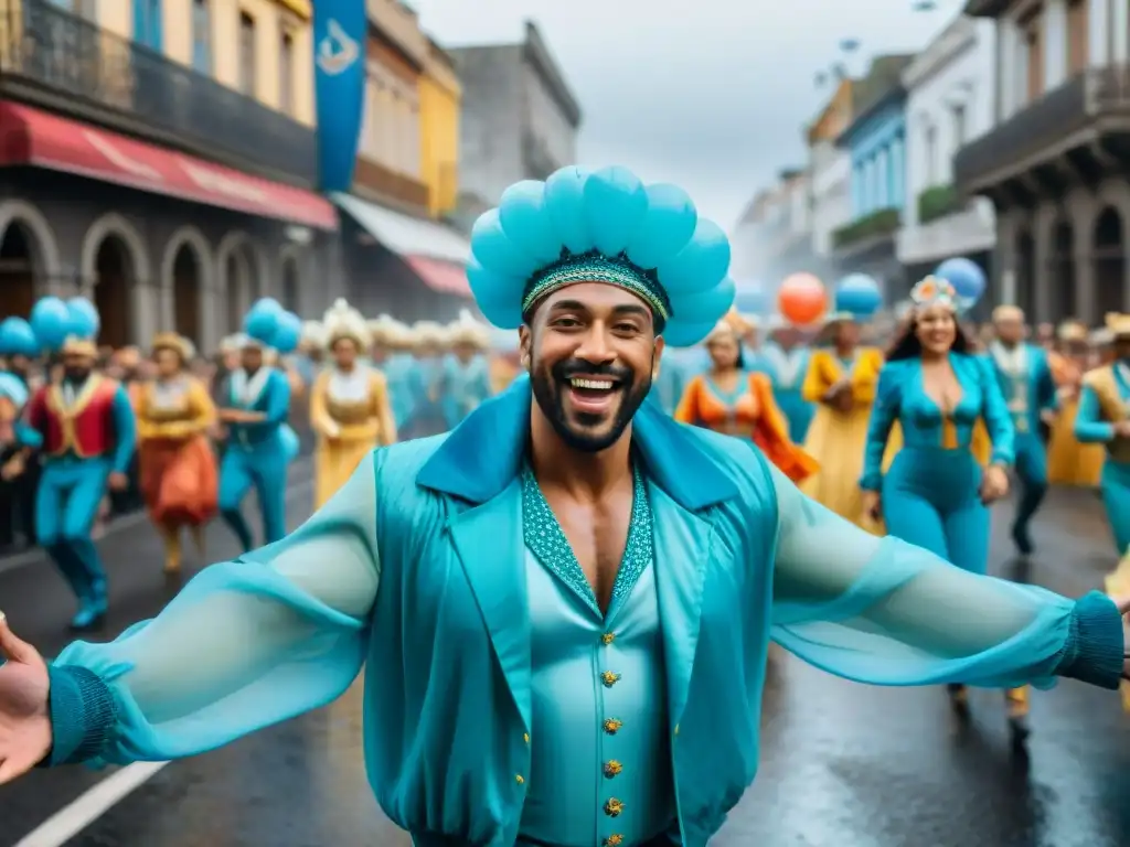 Desfile vibrante en Carnaval Uruguayo: floats detallados, trajes coloridos, bailarines lanzando globos de agua con agua de frutas hidratante