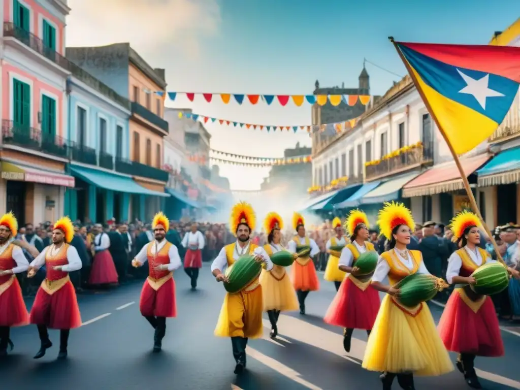 Desfile vibrante en Carnaval Uruguayo con música, danzas y Comidas rápidas saludables