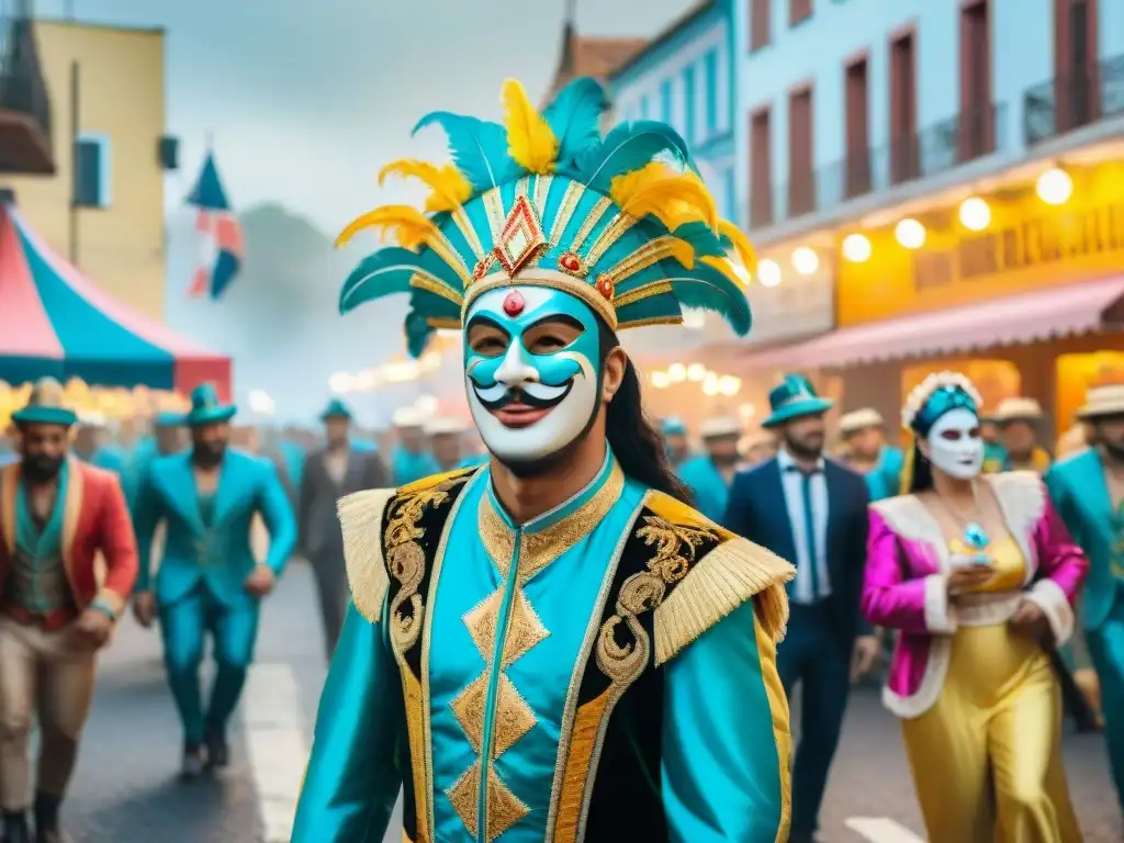 Desfile vibrante en el Carnaval Uruguayo con disfraces coloridos y música alegre