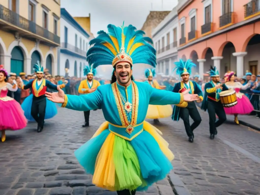 Desfile vibrante en Carnaval Uruguayo con bailarines y músicos en calles empedradas