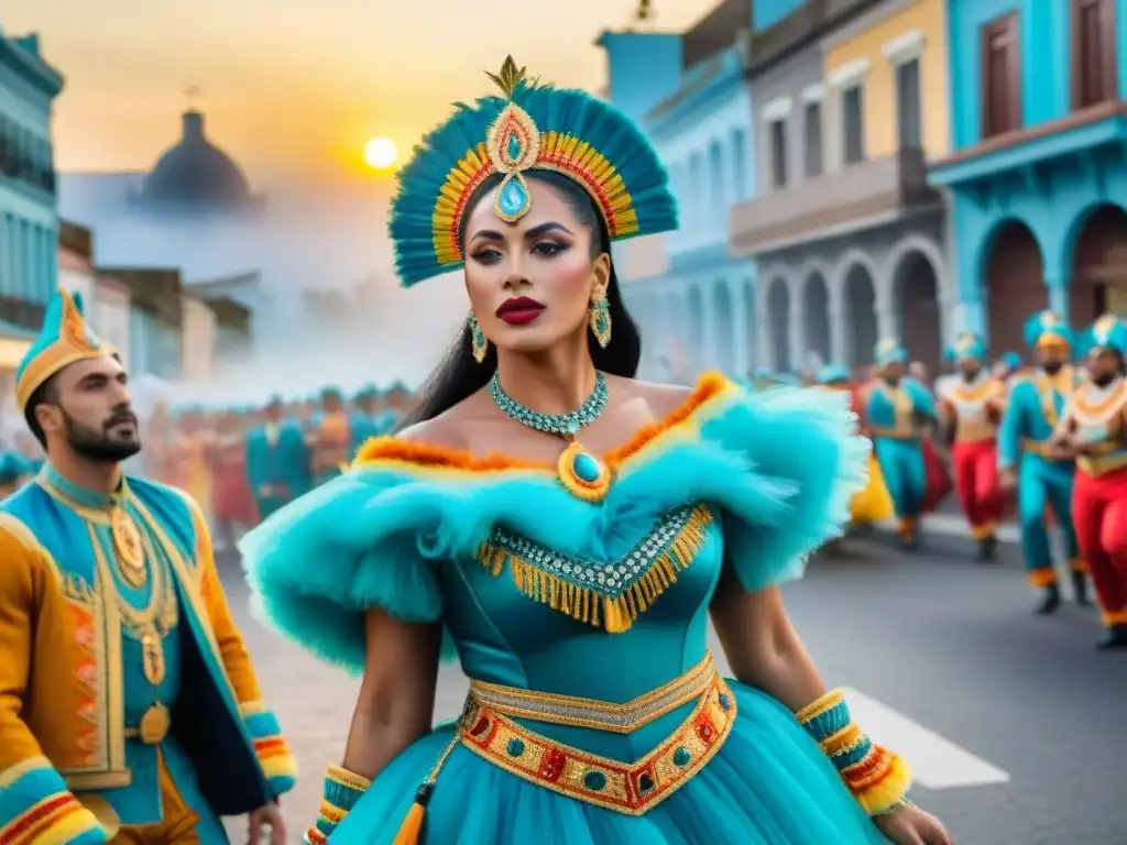 Desfile vibrante de Carnaval Uruguayo con bailarines y carrozas coloridas, música alegre y espíritu comunitario