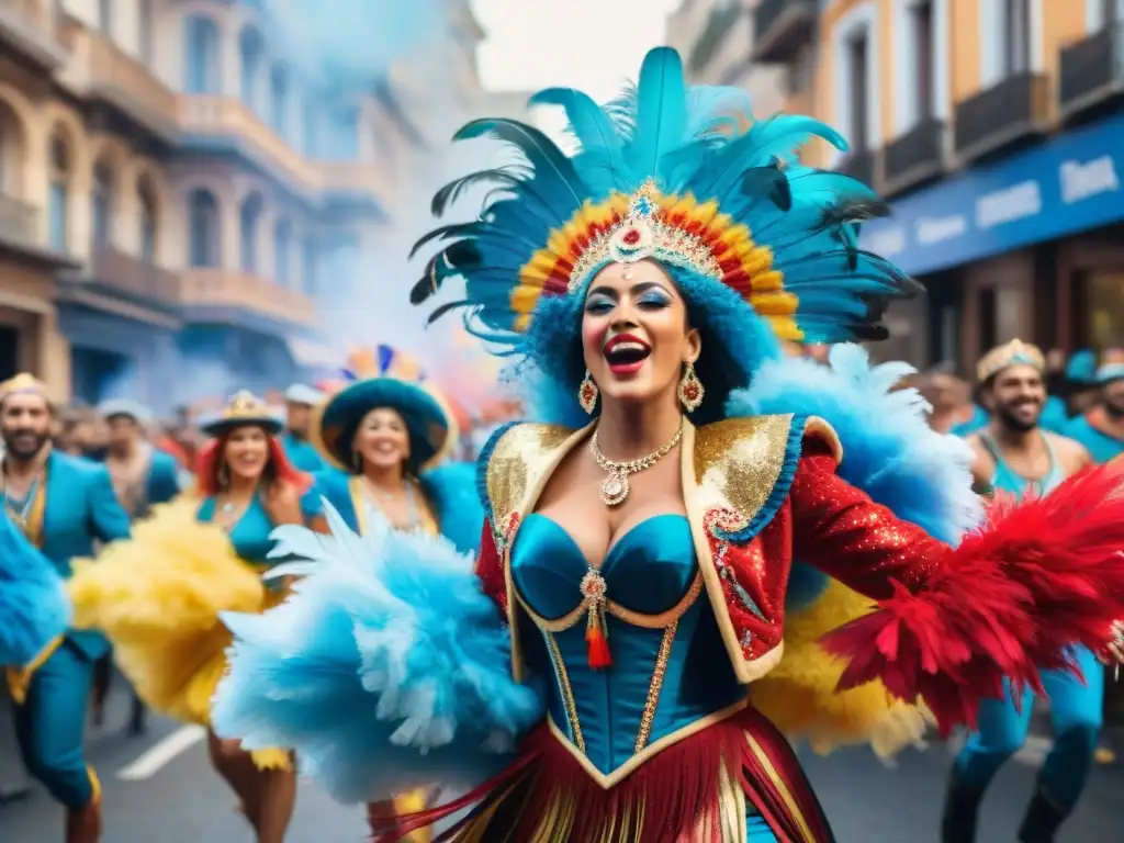 Desfile vibrante en el Carnaval Uruguayo con coloridos trajes y alegría, ideal para coberturas seguro viaje Carnaval Uruguayo