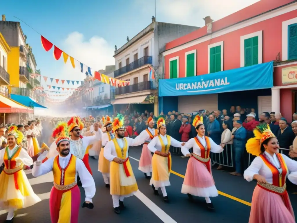 Desfile vibrante en el Carnaval Uruguayo con bailarines coloridos y espectadores felices