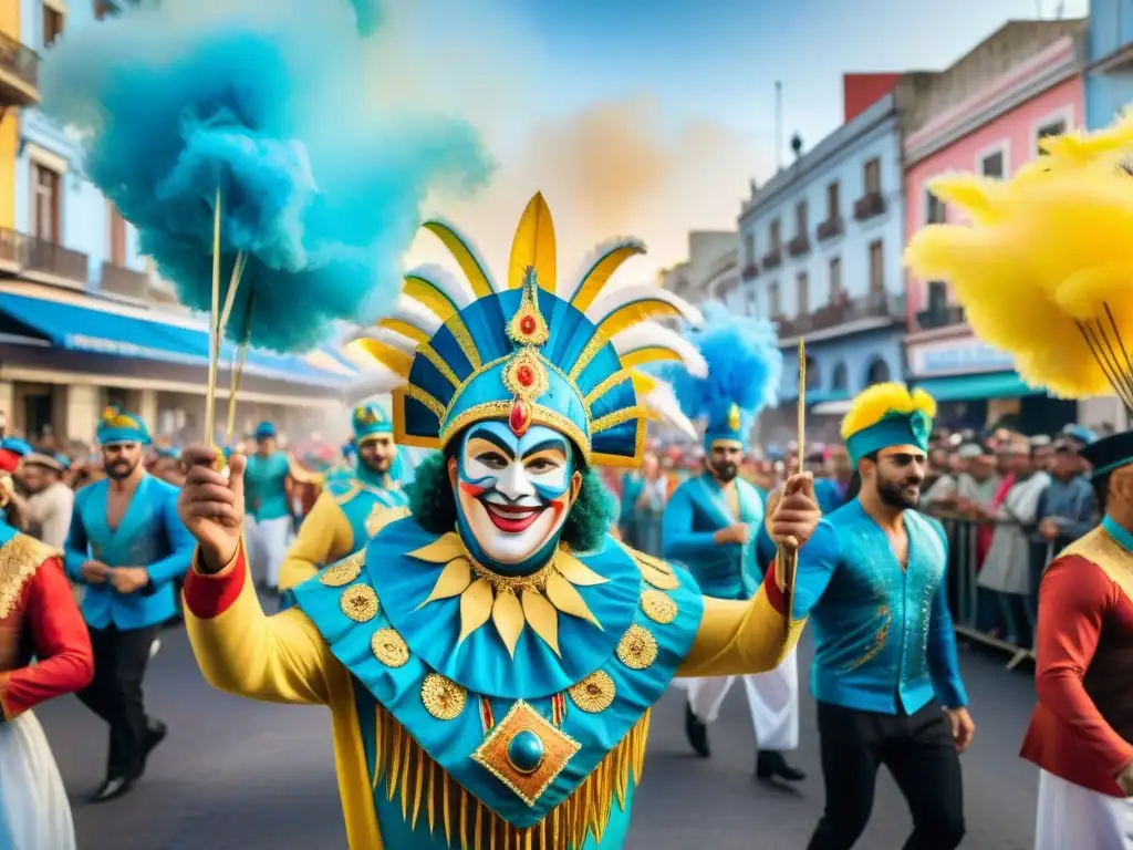 Carnaval Uruguayo: Calles vibrantes y coloridas Desfile vibrante del Carnaval Uruguayo en Montevideo con carrozas y espectadores animados
