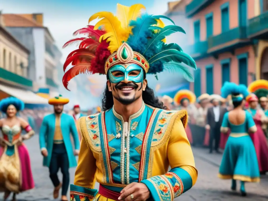 Desfile vibrante de Carnaval Uruguayo, con coloridos trajes y multitudes alegres