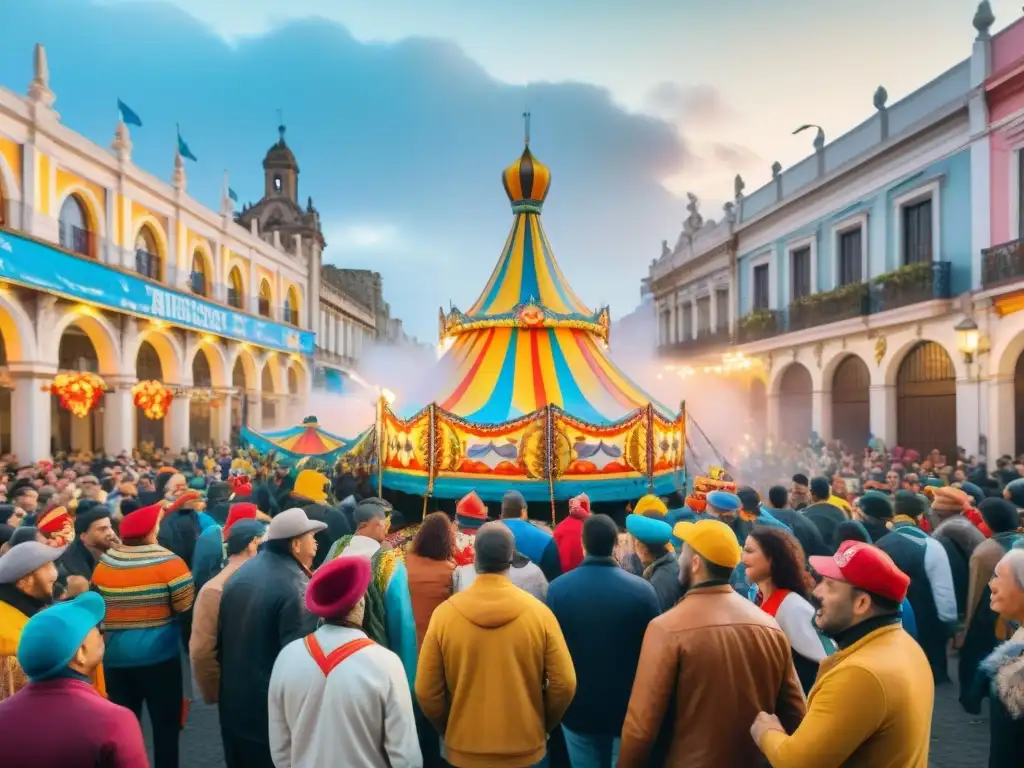 Colorido Carnaval Uruguayo: Desfile vibrante y festivo Desfile vibrante de Carnaval Uruguayo con coloridos carros alegóricos y danzantes en trajes llamativos