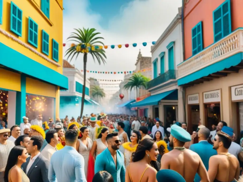 Desfile vibrante en Carnaval Uruguayo con coloridos carros alegóricos y danzantes, creando un ambiente festivo