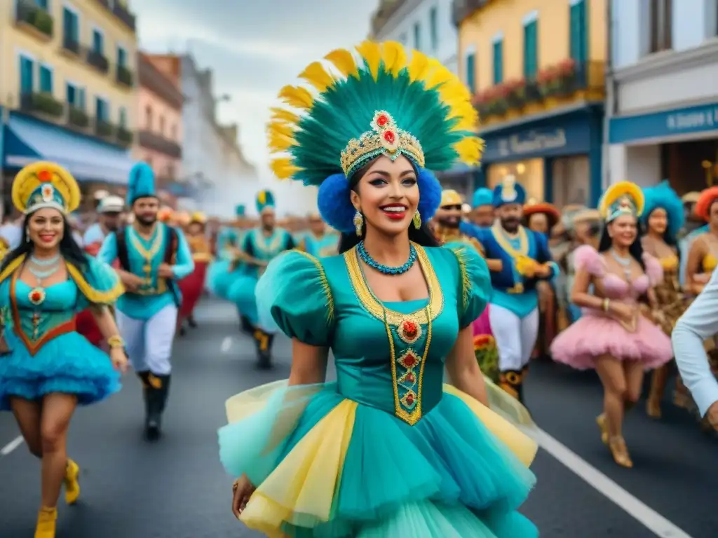 Desfile vibrante en el Carnaval Uruguayo con instrumentos reciclados y trajes ecofriendly