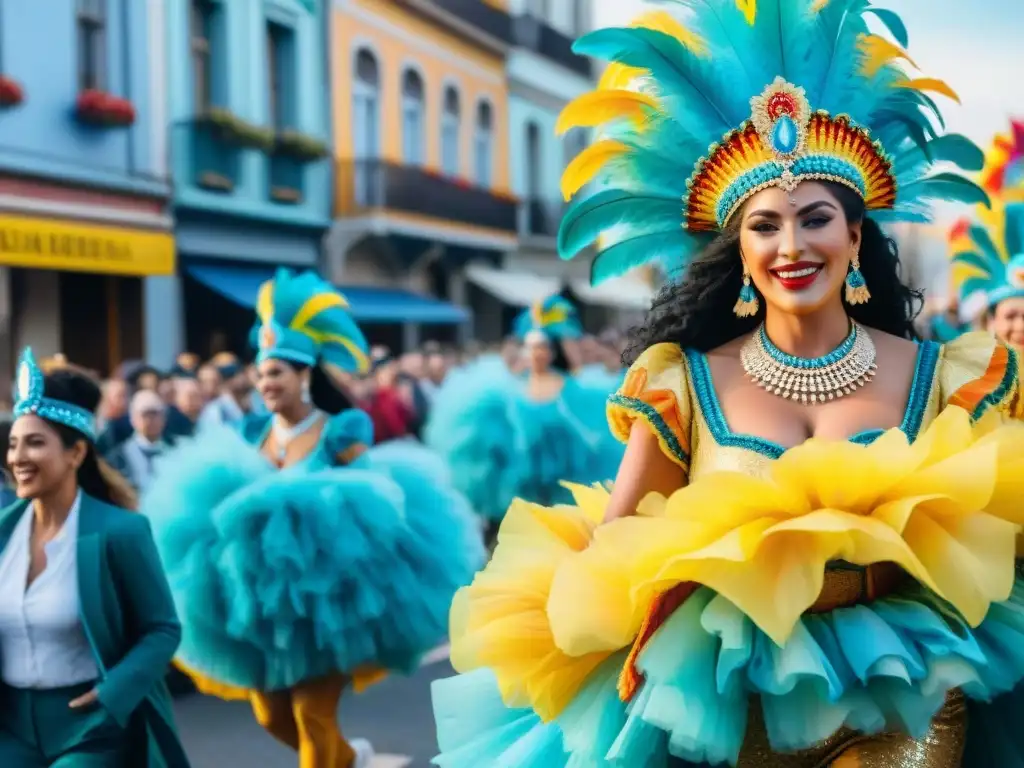 Desfile vibrante de Carnaval Uruguayo con coloridas carrozas, trajes y bailes tradicionales