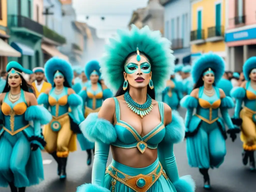 Desfile vibrante del Carnaval Uruguayo con detalles intrincados, integración de realidad aumentada