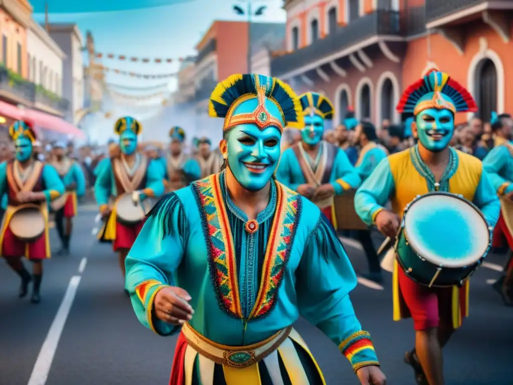 Desfile vibrante en el Carnaval Uruguayo, con trajes tradicionales y música alegre