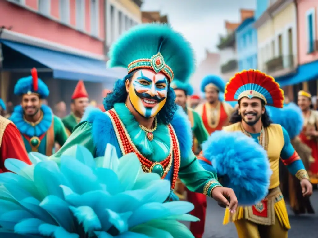 Desfile vibrante en el Carnaval uruguayo: artistas coloridos bailando en calles llenas de alegría