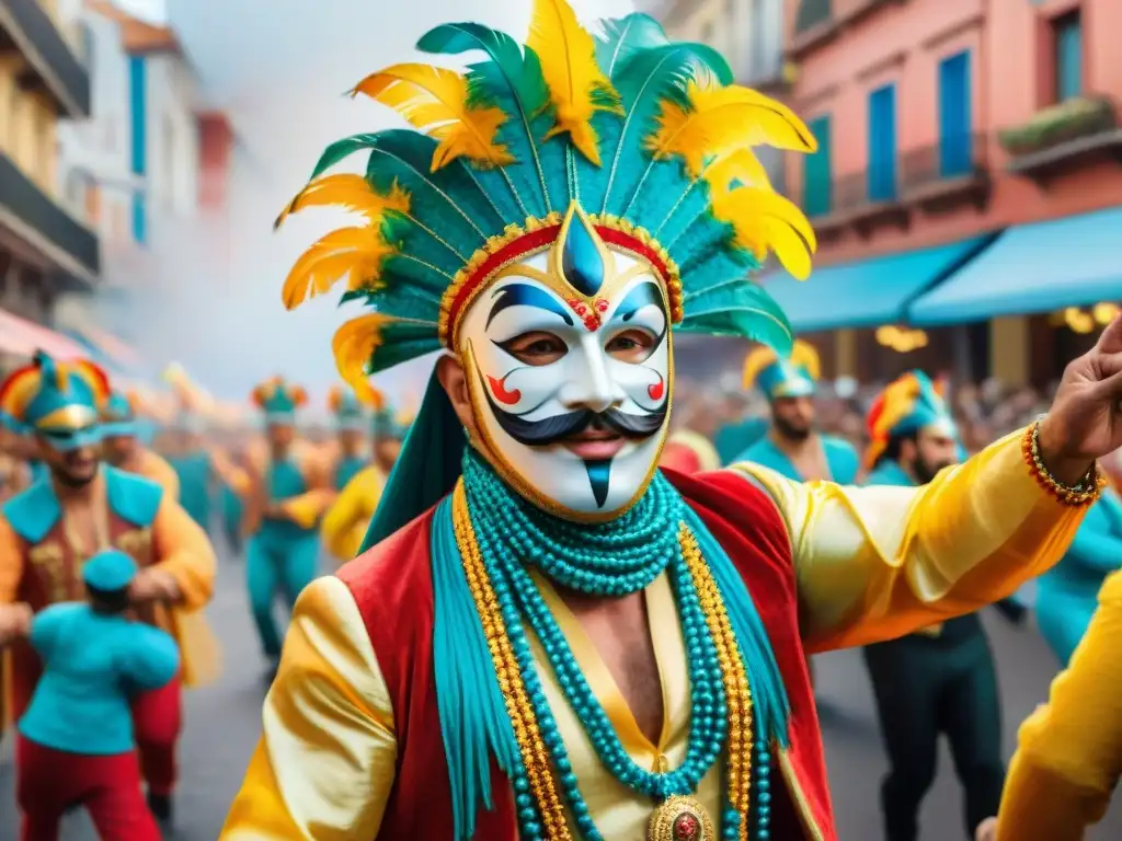 Desfile vibrante en el Carnaval Uruguayo con músicos, bailarines y espectadores alegres en las calles de Montevideo