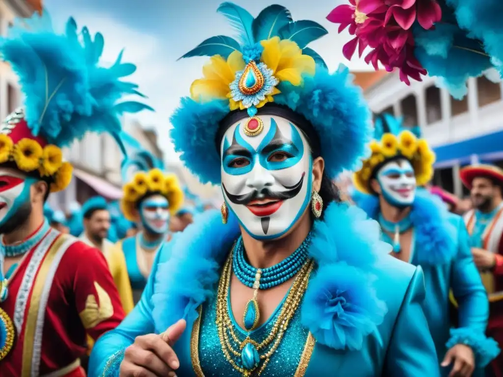 Desfile vibrante en Carnaval Uruguayo, con músicos y bailarines en trajes coloridos