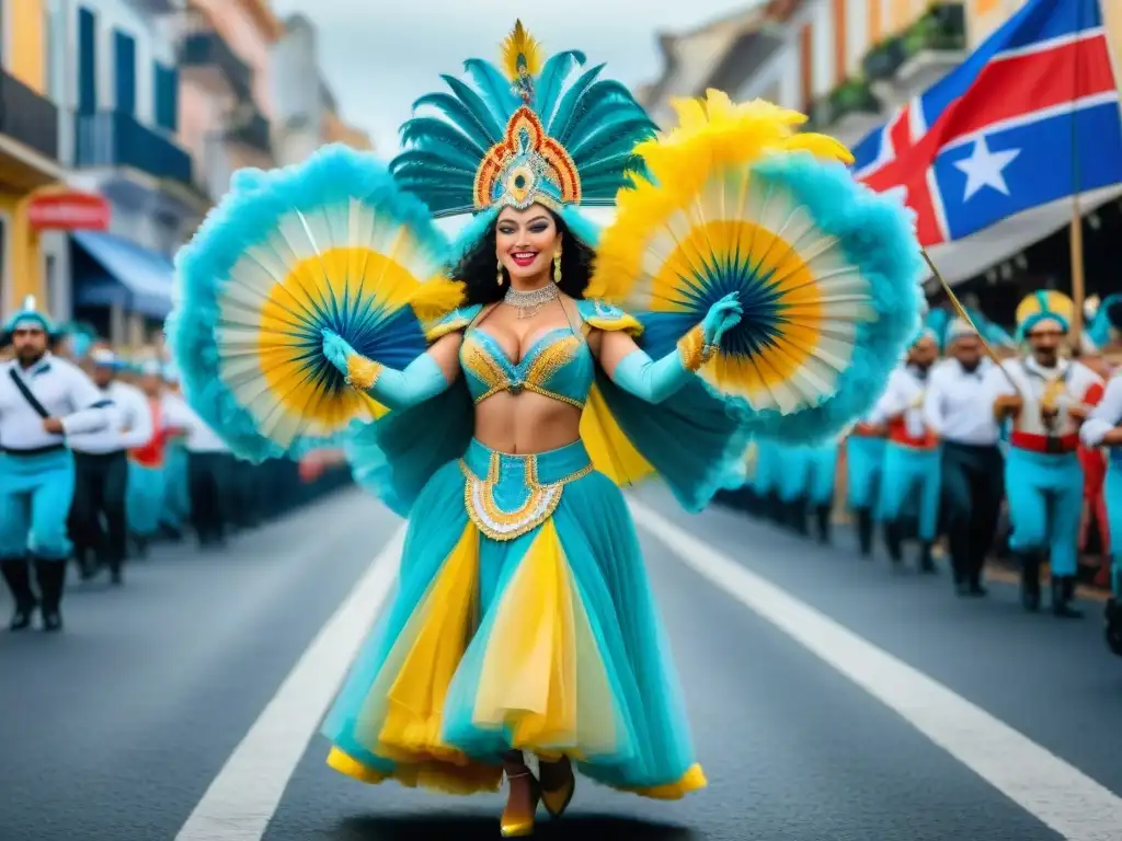 Desfile vibrante en Carnaval Uruguayo, con danzas coloridas y música alegre