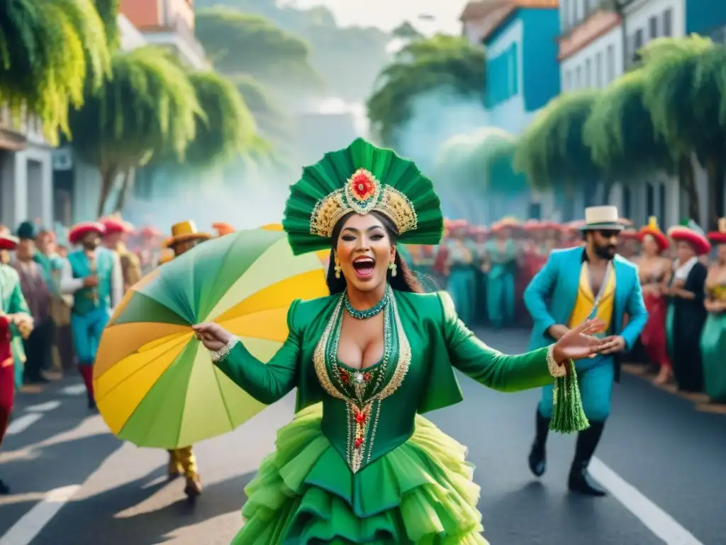 Desfile vibrante del Carnaval Uruguayo sostenible con coloridos trajes y música tradicional en las calles históricas