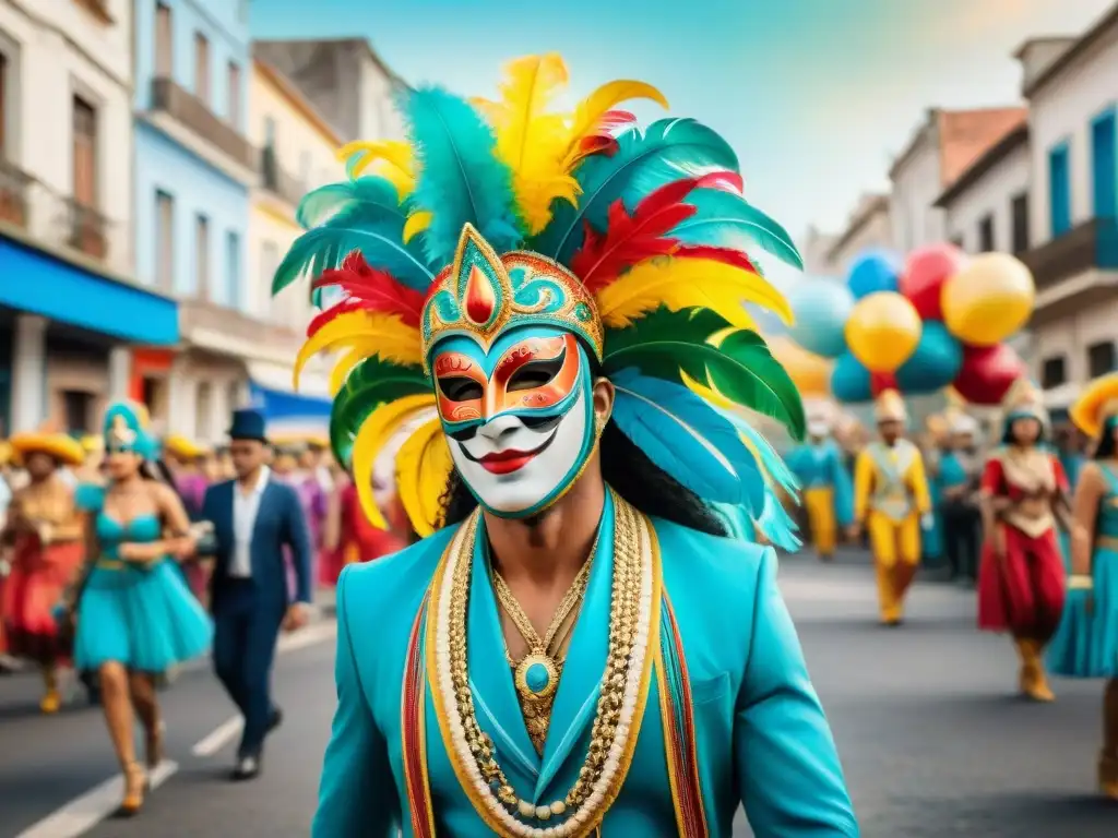 Desfile vibrante del Carnaval Uruguayo en la era digital, trajes coloridos y máscaras intrincadas llenan las calles