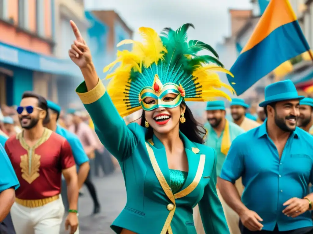 Desfile vibrante del Carnaval Uruguayo con floats coloridos, bailarines y espectadores emocionados