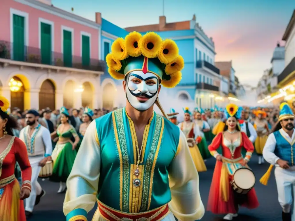 Un desfile vibrante del Carnaval Uruguayo con tradición sostenible: carrozas coloridas, música y baile en las calles