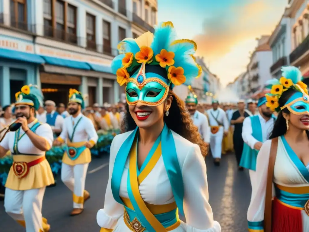 Desfile vibrante en el Carnaval Uruguayo con carrozas detalladas y espectadores capturando secretos fotográficos