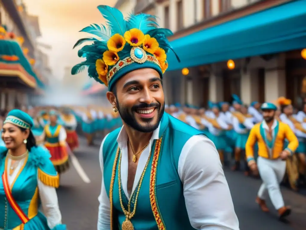 Desfile vibrante en el Carnaval Uruguayo: carros adornados, bailarines y música alegre