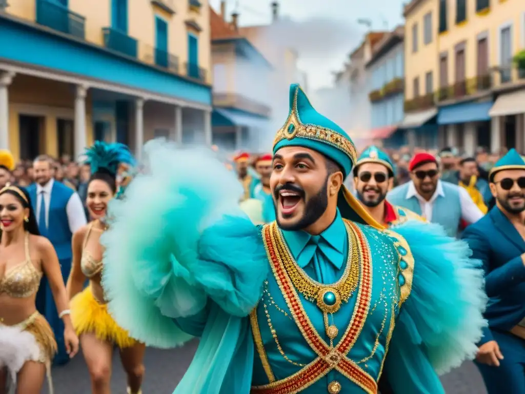 Desfile vibrante en el Carnaval Uruguayo con parodias teatrales y coloridos trajes