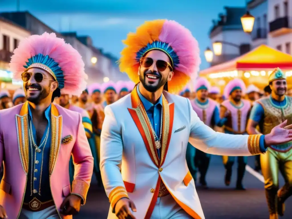 Desfile vibrante en el Carnaval Uruguayo: coloridos trajes, músicos y espectadores bajo un cielo anaranjado