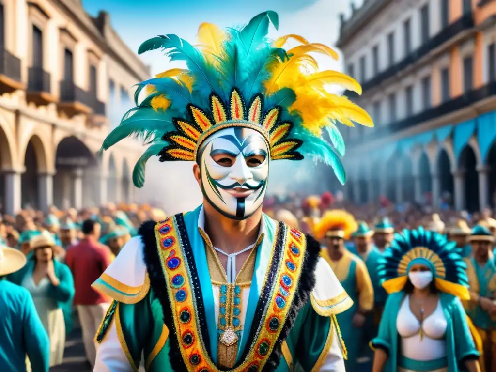 Desfile vibrante en el Carnaval Uruguayo atractivo turístico global con plumas, lentejuelas y máscaras coloridas