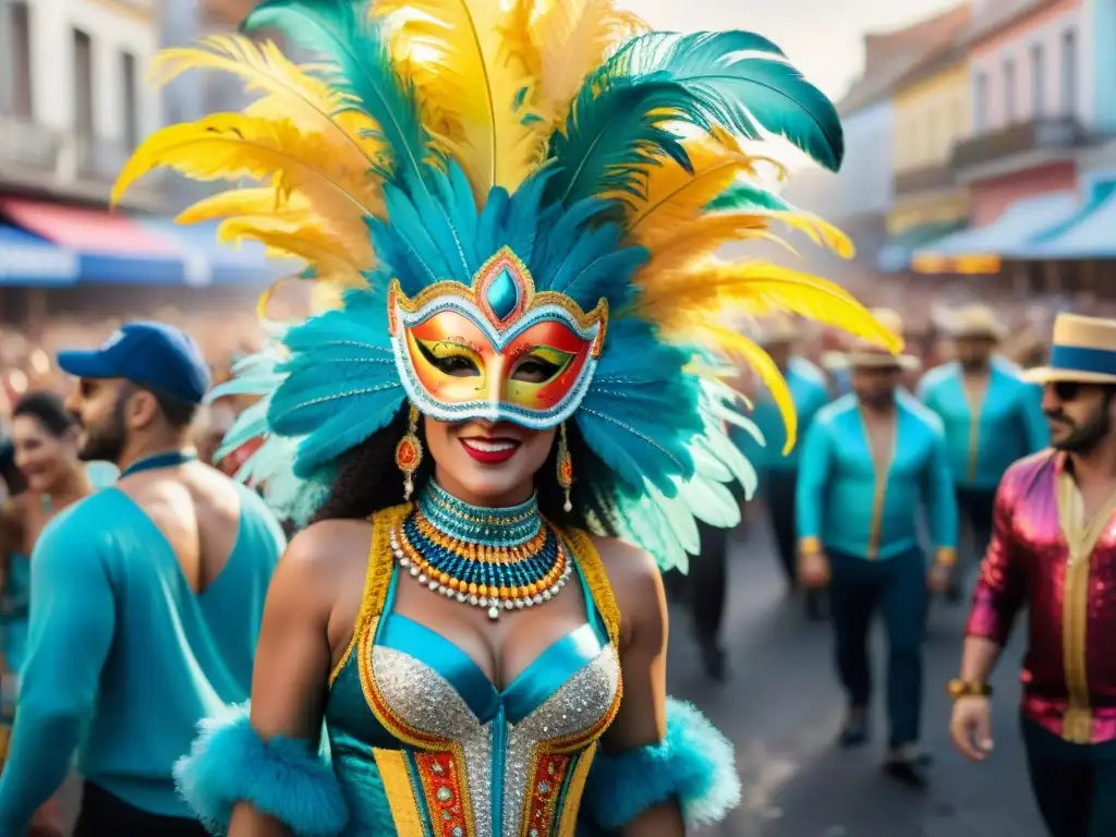 Desfile vibrante del Carnaval Uruguayo con inclusión y coloridos trajes y máscaras