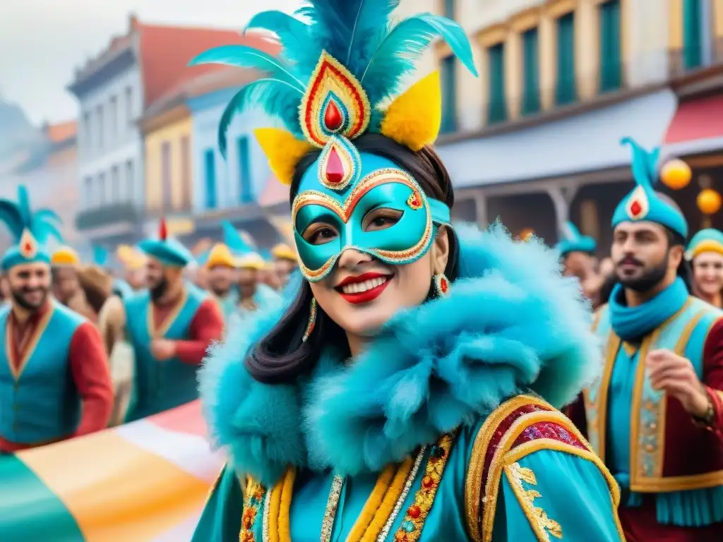 Desfile vibrante durante el Carnaval Uruguayo con influencia religiosa