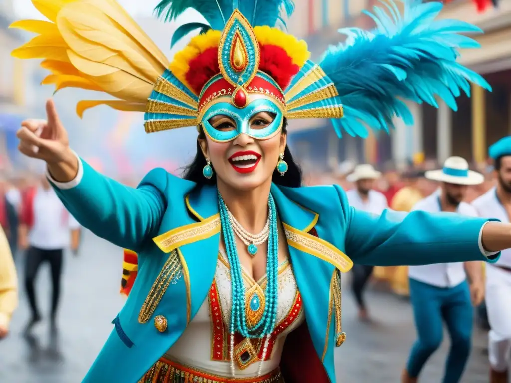 Un desfile vibrante en el Carnaval Uruguayo, con Momo y coloridos trajes