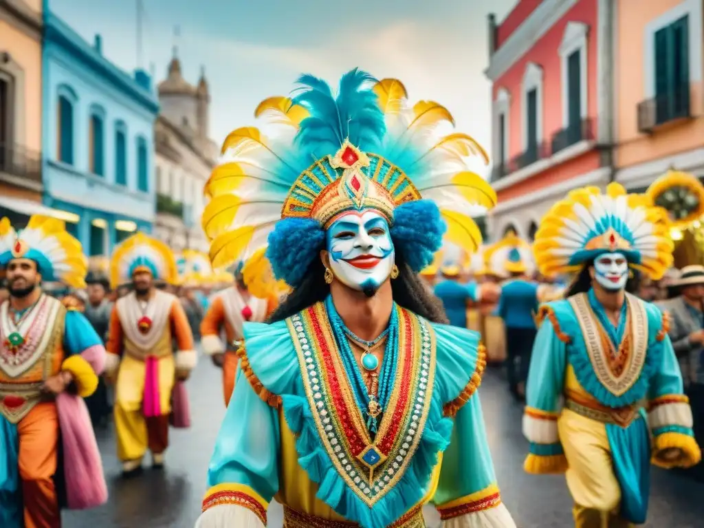 Desfile vibrante en Carnaval Uruguayo con detalles intrincados, trajes coloridos y música alegre, capturando leyendas y anécdotas Carnaval Uruguayo