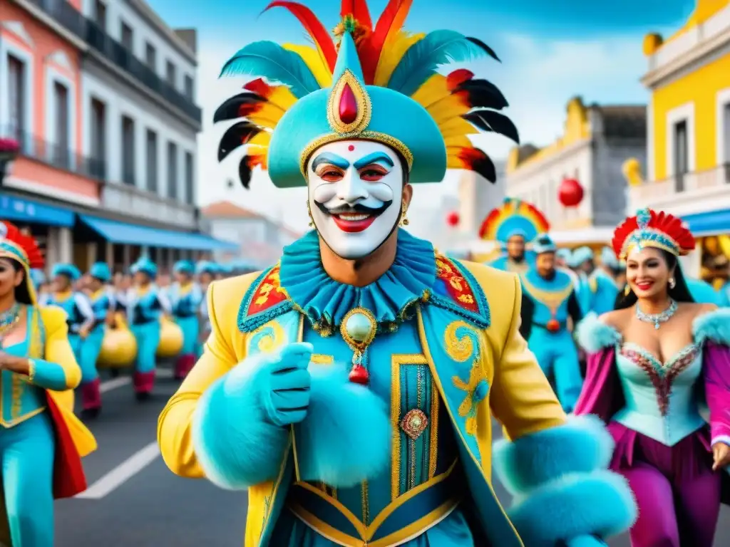 Desfile vibrante en Carnaval Uruguayo: trajes llamativos, carrozas coloridas y artistas entusiastas bailando al ritmo de la música tradicional