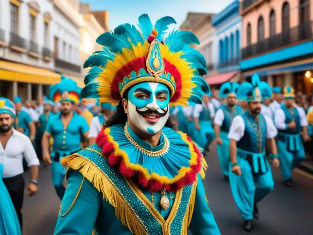 Desfile vibrante en el Carnaval Uruguayo, turismo internacional maravillado por la cultura y la fiesta